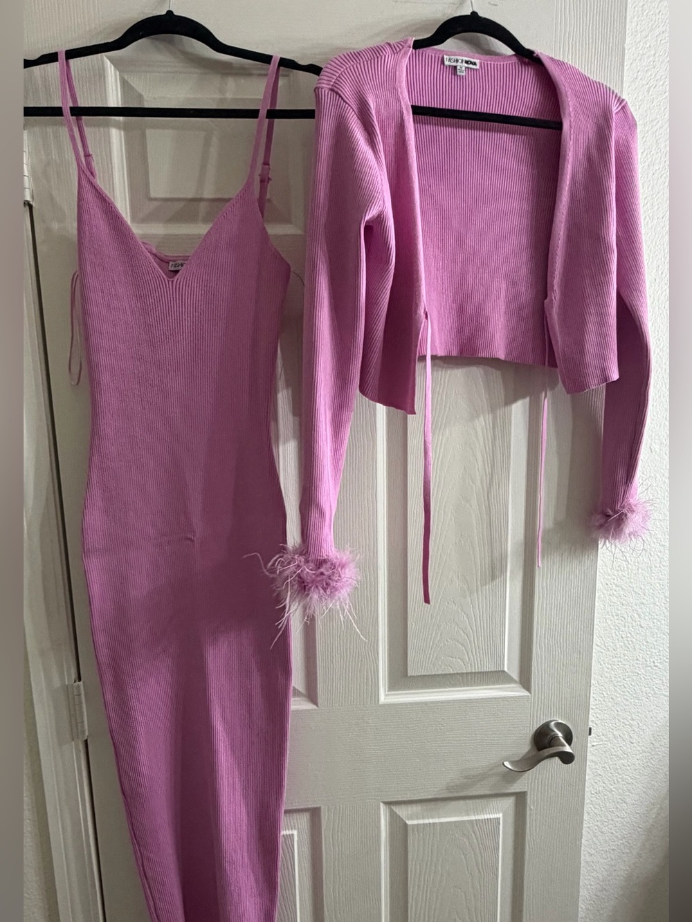 Fashion Nova Lavender-Pink Ribbed Knit Midi Dress with Feather-Trim Cardigan